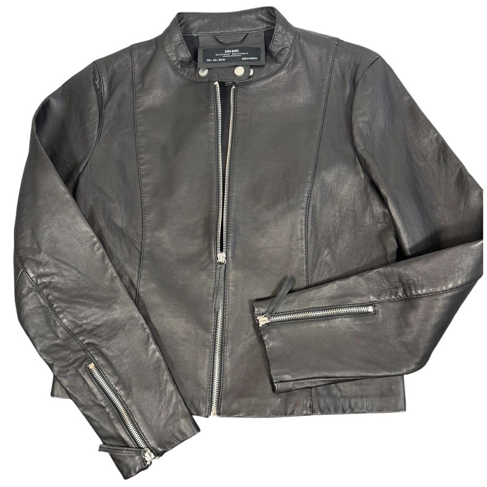 Zara Basic Leather Jacket Womens L Black Sheep Leather Moto Zip Up NWOT